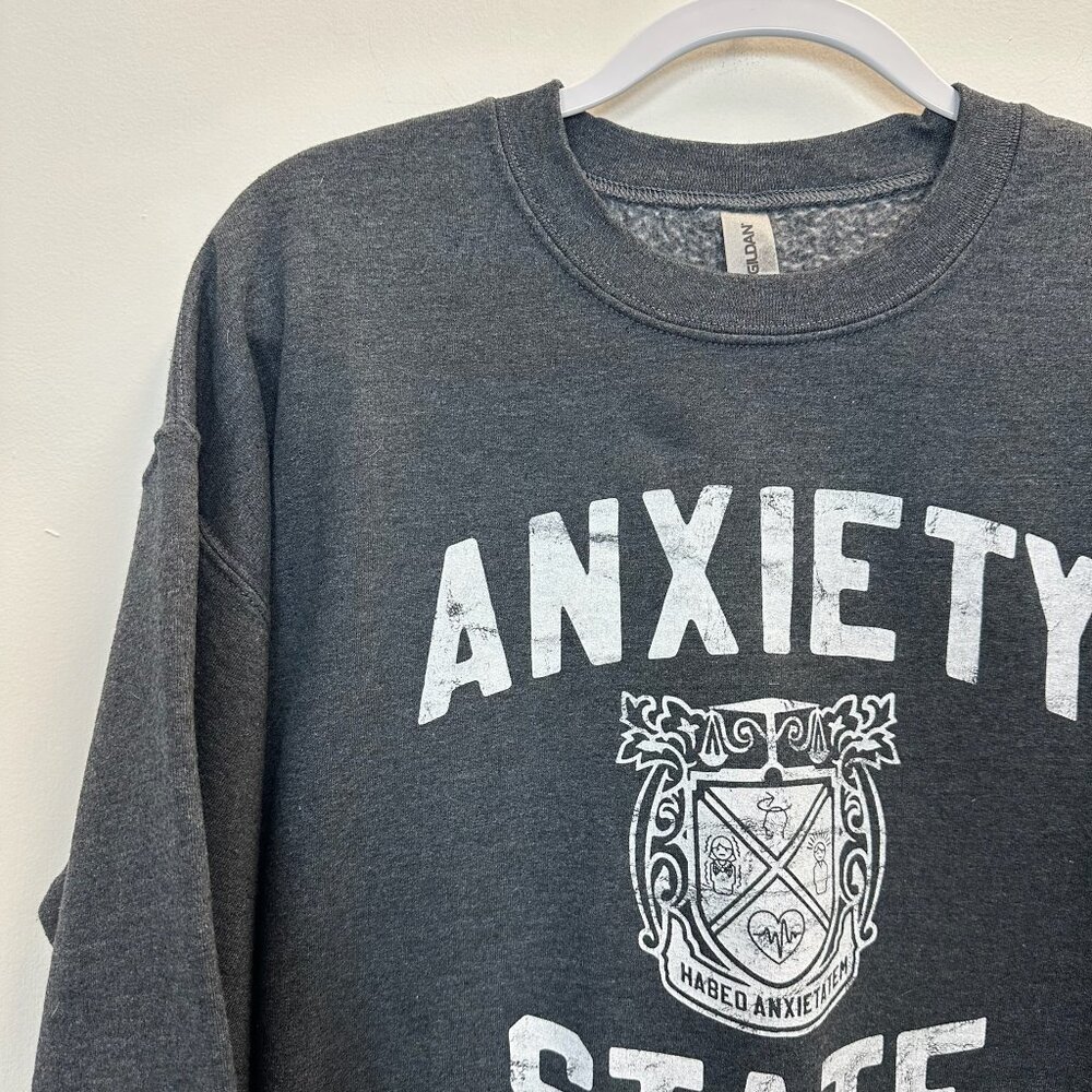 Anxiety State Crewneck Pullover Sweatshirt Grey White Large - Picture 3 of 15